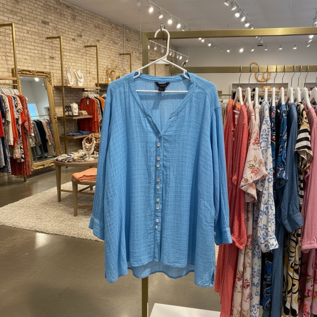 Ali Miles 3x Top 3/4 Sleeve Tunic Lagenlook Lightweight Plus Gauzy Blue Beachy